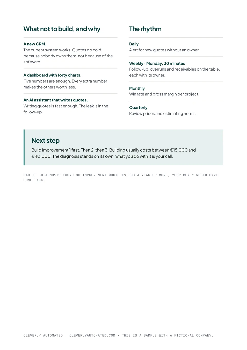 Sample report, page 3: what not to build, and why