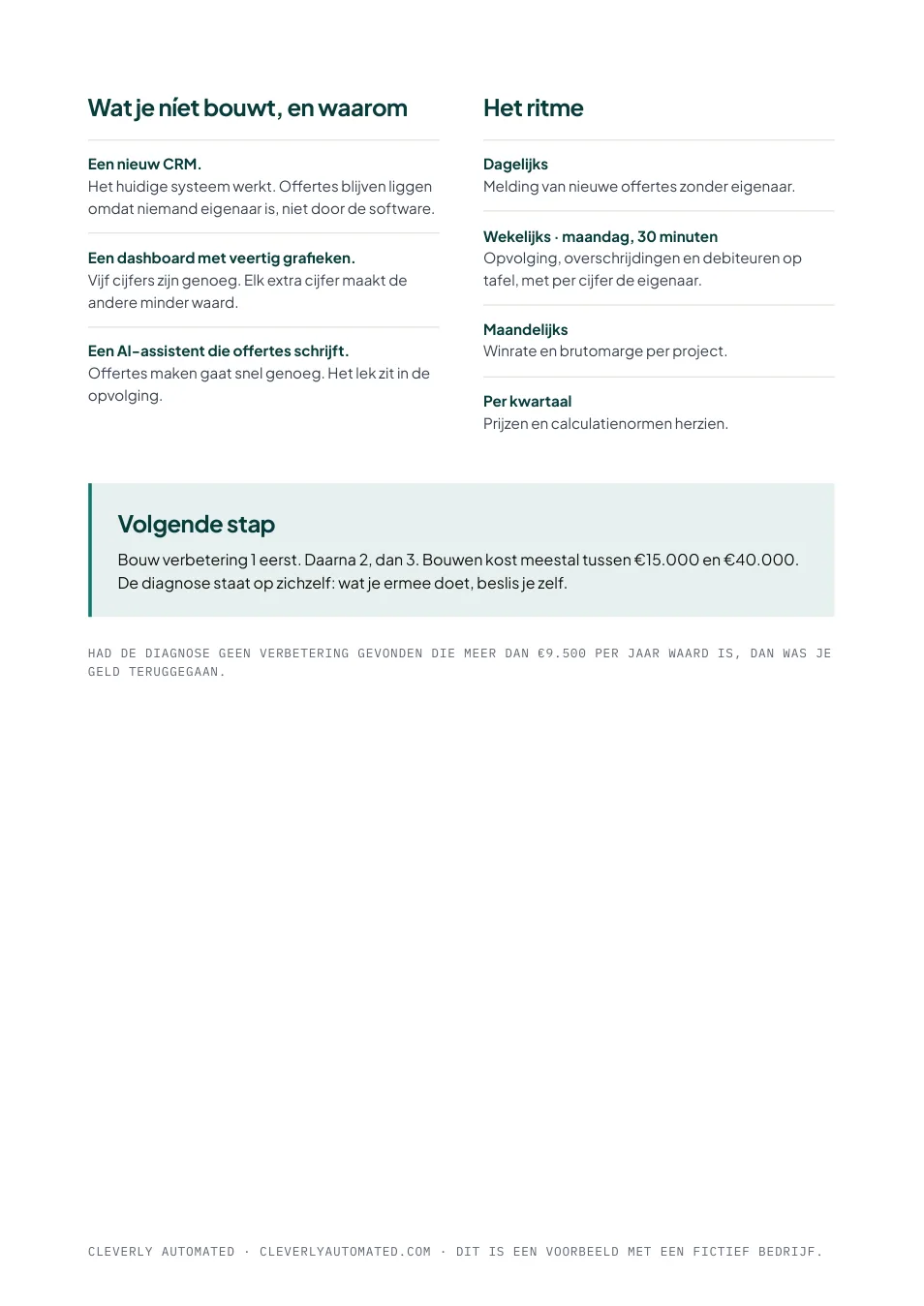 Voorbeeldrapport, pagina 3: wat je níet bouwt, en waarom